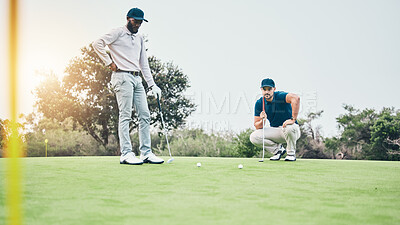 Buy stock photo Sports, golf and friends with men on field for relax, hobby and competition match. Thinking, planning and health with males playing together in club for free time, practice and focus on shot