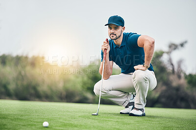 Buy stock photo Planning, sports and golf with man on field for training, competition match and thinking. Games, challenge and tournament with athlete playing on course for exercise, precision and confidence