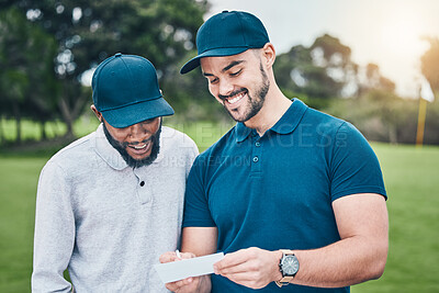 Buy stock photo Golf, smile and men with sports scorecard for recording or writing match, competition or game results. Golfing course, fitness and happy people or friends with card or paper to record goals on field.