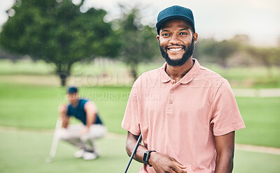 Buy stock photo Golf, sports and portrait of black man with smile on course for game, practice and training for competition. Professional golfer, fitness and happy male athlete for exercise, fun activity and golfing
