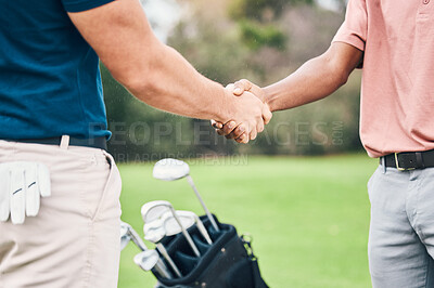 Buy stock photo People, handshake and golf sport for partnership, trust or unity in community, collaboration or teamwork on grass field. Team of sporty players shaking hands on golfing course for club, game or match