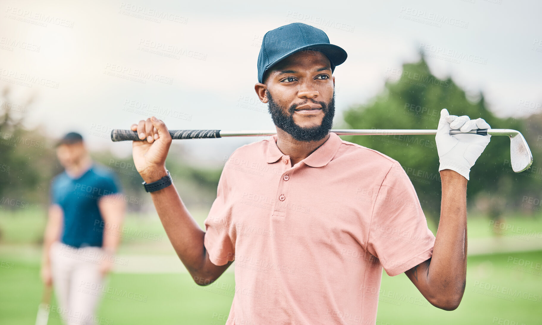 Buy stock photo Golf, sports and black man on course with golfing club for game, practice and training for competition. Professional golfer, relax and happy male athlete ready for exercise, activity and recreation