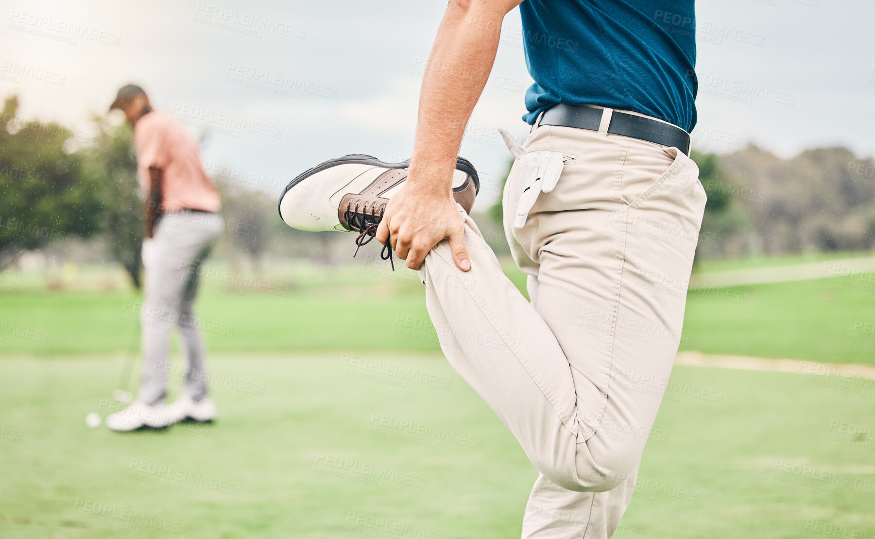 Buy stock photo Golf, sports and man stretching legs on course for game, practice and training for competition. Professional golfer, fitness and male athlete warm up for exercise, activity and golfing recreation