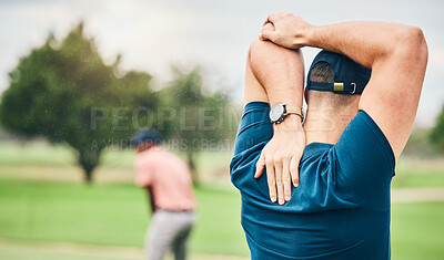 Buy stock photo Golf, sports and man stretching arms on course for game, practice and training for competition. Professional golfer, fitness and back of male athlete warm up to exercise, activity and outdoor golfing