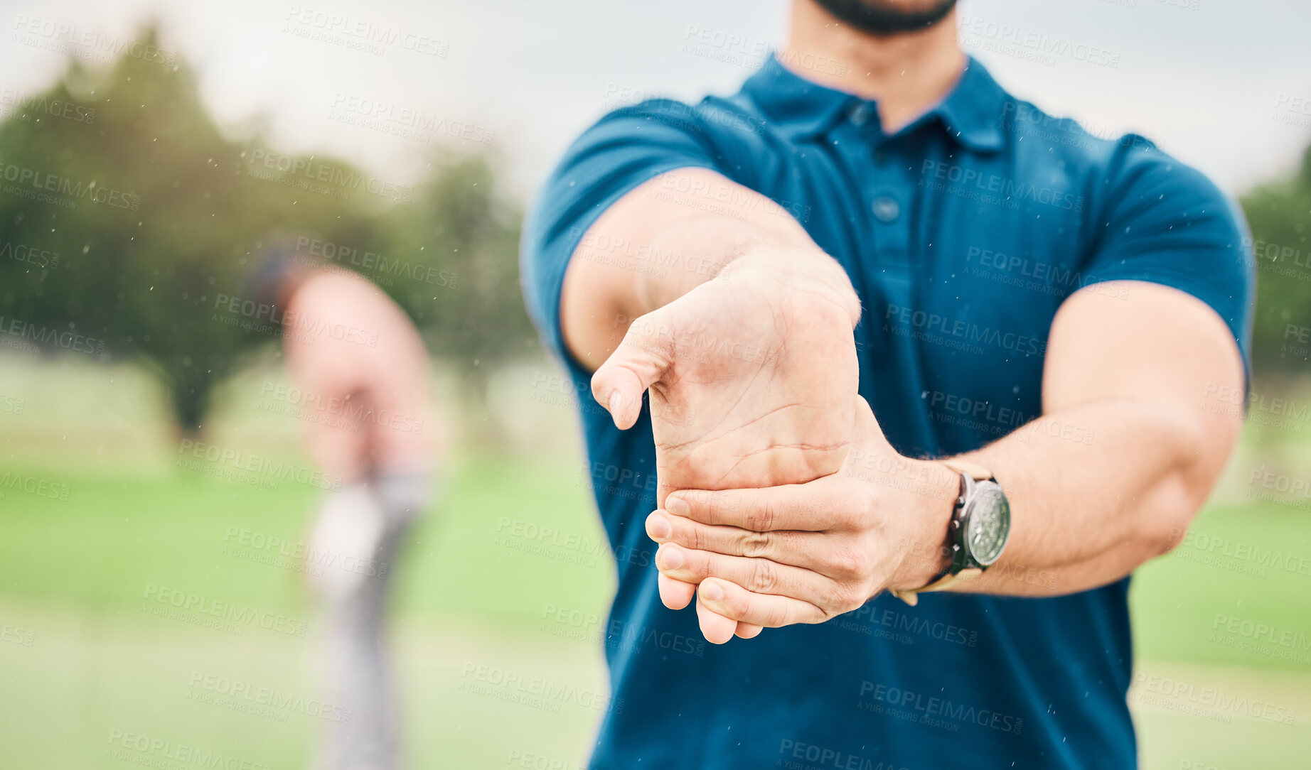 Buy stock photo Golf, sports and man stretching hand on course for game, practice and training for competition. Professional golfer, fitness and hands of male athlete warm up for exercise, golfing and recreation