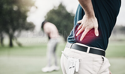 Buy stock photo Sports, injury and golf, man with back pain during game on course, massage and relief in health and wellness. Green, hands on spine in support and golfer with body ache during outdoor golfing workout