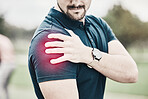 Sports, shoulder pain and man on golf course holding arm during game massage and relief in health and wellness. Green, zoom on hands on muscle for support and golfer with ache during golfing workout.