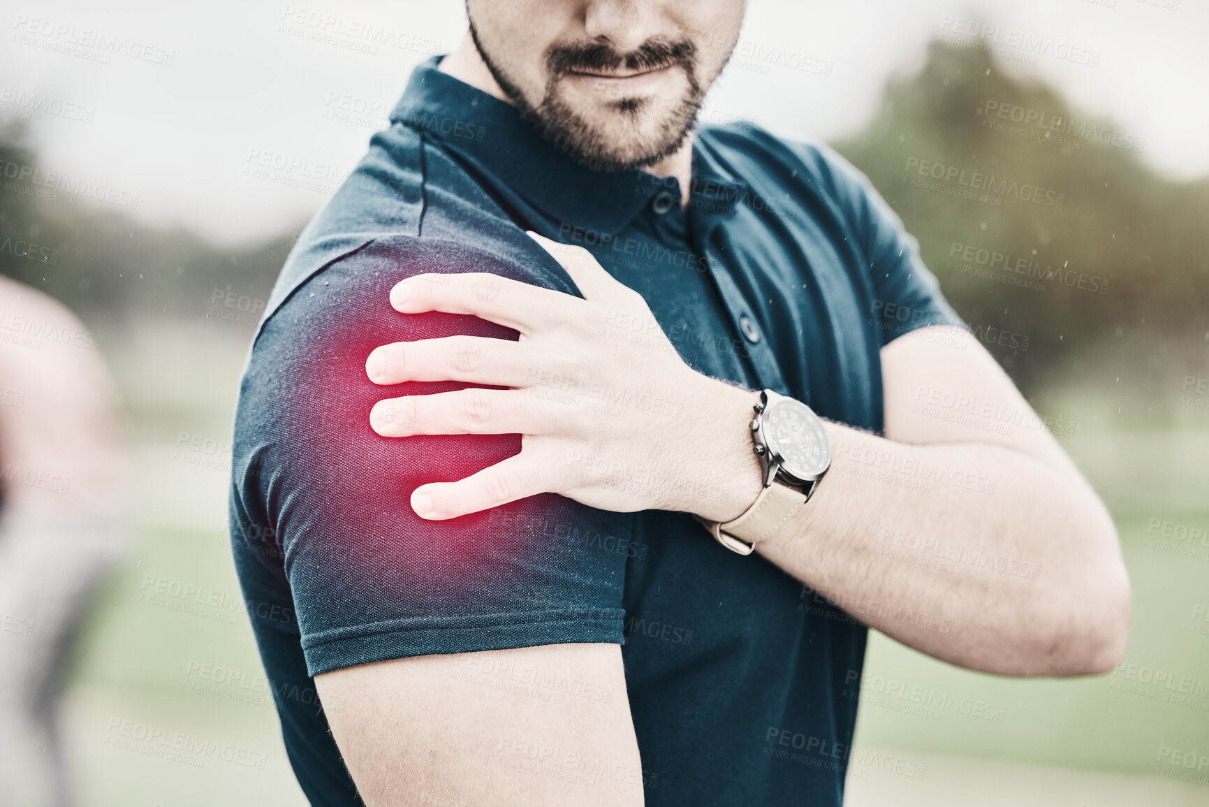Buy stock photo Sports, shoulder pain and man on golf course holding arm during game massage and relief in health and wellness. Green, zoom on hands on muscle for support and golfer with ache during golfing workout.