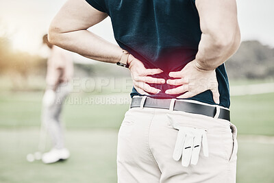 Sports, injury and man on golf course with back pain during game, massage and relief in health and wellness. Green, hands on spine in support and golfer with body ache at golfing workout on grass.