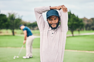 Buy stock photo Golf, sports and portrait of black man stretching on course for game, practice and training for competition. Professional golfer, happy and male athlete warm up for exercise, activity and golfing