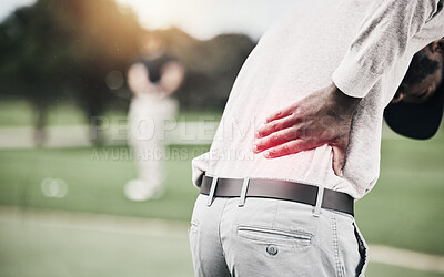 Buy stock photo Sports, muscle and golf, black man with back pain during game on course, massage and relief in health and wellness. Green, hands on injury in support and golfer with ache at golfing workout on grass.