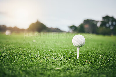 Buy stock photo Sports, golf ball and tee on lawn in club for competition match, tournament and training. Target, challenge and games with equipment on grass field for leisure, recreation hobby and practice