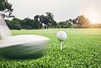 Sports, golf ball and swing with club on course for training, tournament and games. Match, competition and shot with equipment on lawn field and playing for hobby, recreational and leisure in outdoor