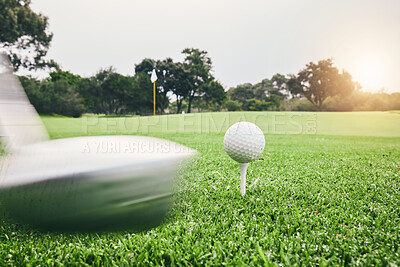 Sports, golf ball and swing with club on course for training, tournament and games. Match, competition and shot with equipment on lawn field and playing for hobby, recreational and leisure in outdoor