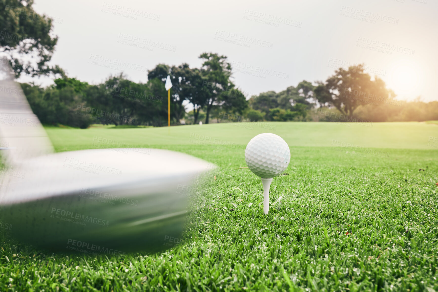 Buy stock photo Sports, golf ball and swing with club on course for training, tournament and games. Match, competition and shot with equipment on lawn field and playing for hobby, recreational and leisure in outdoor