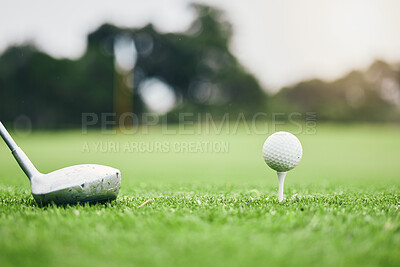 Sports, golf ball and tee on course with club for competition match, tournament and training. Target, challenge and games with equipment on grass field for practice, recreation hobby and practice