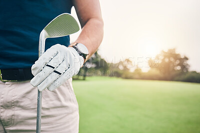 Buy stock photo Hand, golf course and stick on grass with space for mockup, summer sports and outdoor sunshine. Golfer man, holding club and mock up for sport, fitness and training on field for professional career