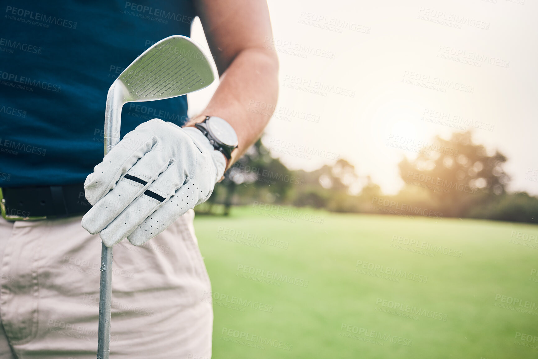 Buy stock photo Hand, golf course and stick on grass with space for mockup, summer sports and outdoor sunshine. Golfer man, holding club and mock up for sport, fitness and training on field for professional career