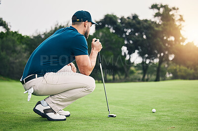 Buy stock photo Fitness, sports and golf with man on field for training, competition match and thinking. Games, challenge and tournament with athlete playing on course for exercise, precision and confidence