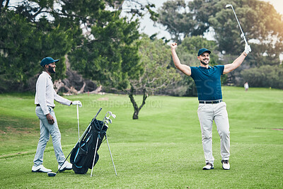 Buy stock photo Golf course, men friends and celebration for winning, eagle shot or training together with happiness. Black man, golfer and field for sports, celebrate goal and winner at competition with diversity