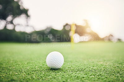 Buy stock photo Sports, golf ball and practice on lawn of course for competition match, tournament and training. Target, challenge and games with equipment on grass field for leisure, recreation hobby and club