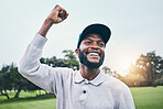 Sports man, golf and celebrate win outdoor on field or course with pride and smile on face. Black male player or golfer with hand for celebration of success, victory or winning with par at club