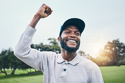 Buy stock photo Sports man, golf and celebrate win outdoor on field or course with pride and smile on face. Black male player or golfer with hand for celebration of success, victory or winning with par at club