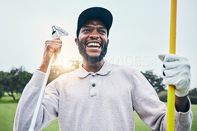 Buy stock photo Golf, winner and happy with black man on field for training, sports and success in club. Competition, games and celebration with golfer playing on grass lawn for energy, pride and achievement