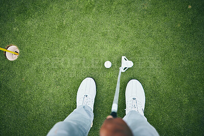 Buy stock photo Grass, golf hole and man with club on course for game, practice and training for golfing competition. Professional golfer, sports and top view of male shoes hit ball for winning, score or tee stroke