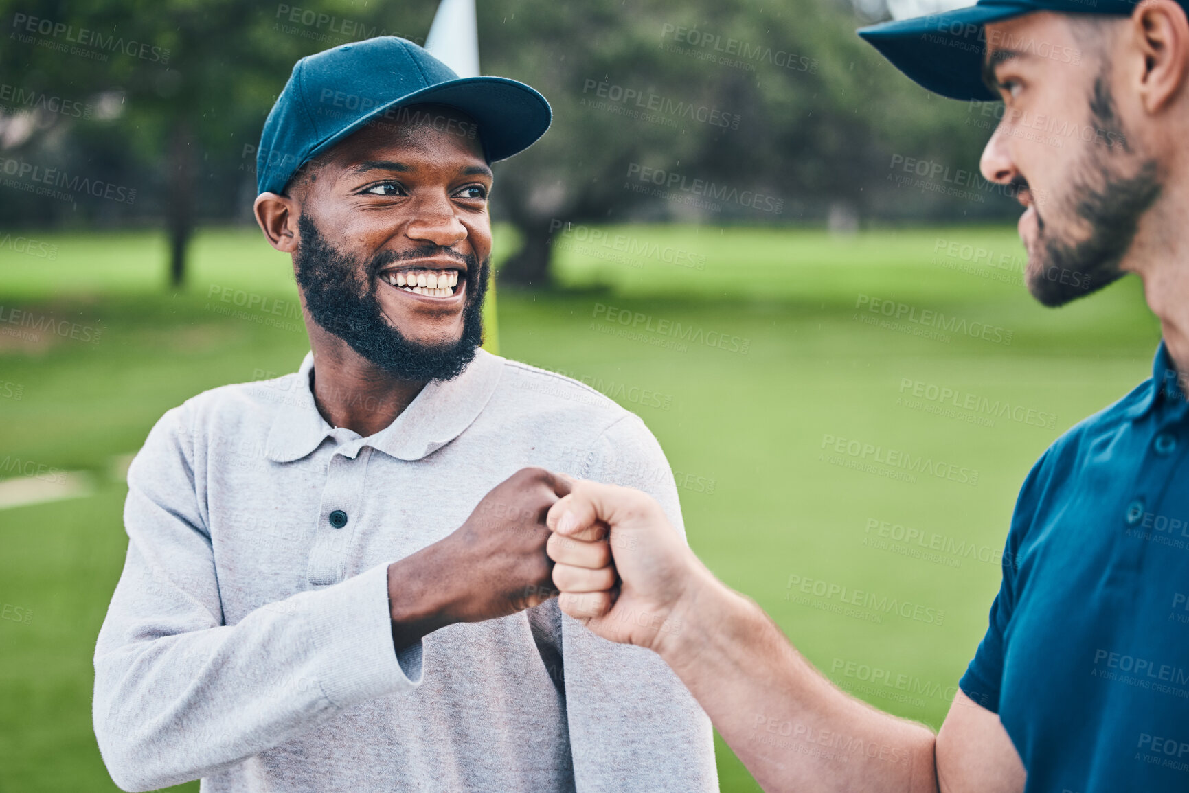 Buy stock photo Man, friends and fist bump on golf course for sports, partnership or trust on grass field together. Happy sporty men bumping hands or fists in teamwork collaboration for match, game or competition