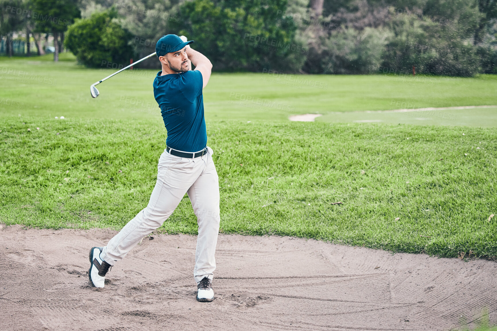 Buy stock photo Golf stroke, sport and golfer outdoor for game, fitness and exercise on grass with a swing. Athlete, training and man at a sports club for cardio and workout on a green course with focus and action