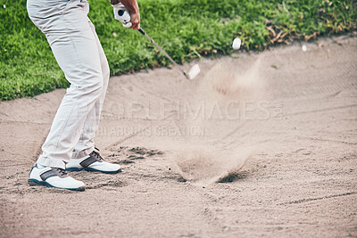 Buy stock photo Golf course, man and swing in sand pit for shot, sports and training for hazard with power, aim and fitness. Golfer, bunker and dirt with club with sport, exercise and outdoor mockup space in summer