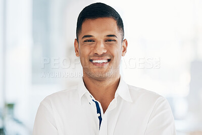 Buy stock photo Portrait, smile or happy businessman in office for financial accounting or audit in corporate company. Smiling face, proud or successful Indian manager with leadership, vision and positive mindset 