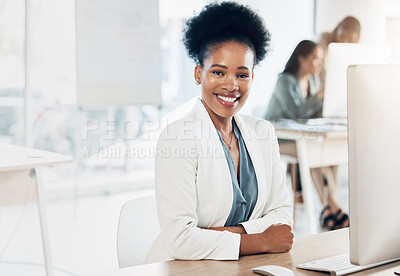 Buy stock photo Leadership, happy and portrait of a businesswoman in the office with a computer working on a project. Happiness, smile and African female corporate manager sitting at her desk with a pc in workplace.