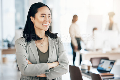 Buy stock photo Asian, business woman and arms crossed with smile, thinking with leadership and professional mindset in workplace. Career, success and corporate female in Japanese office, happiness and confidence