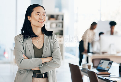 Buy stock photo Asian, business woman with arms crossed and happy, thinking with leadership and professional mindset in workplace. Career, success and corporate female in Japanese office, happiness and confidence