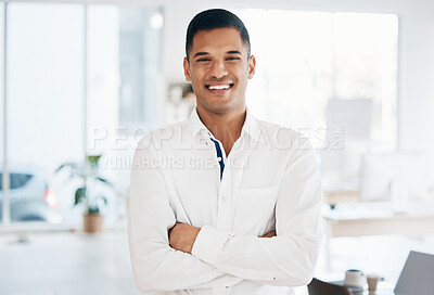 Buy stock photo Portrait, face or happy businessman in office for financial accounting or audit in corporate company. Smiling worker, proud or successful Indian manager with leadership, smile and positive mindset 