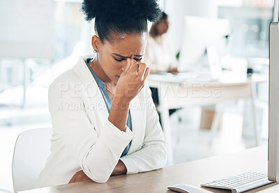Buy stock photo Stress, headache and sad woman on computer with career burnout, anxiety or mental health risk in office. Crying, pain and depression of tired business person with anxiety for mistake, fail or fatigue