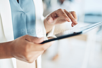 Buy stock photo Tablet, search and hands of woman in office for networking, information and project analysis. Executive, technology and digital with zoom of female browsing online for app, email and connection