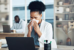 Work, healthcare and black woman at desk blowing nose with tissue paper from flu, cold or hay fever. Sick, exhausted office employee with allergy and sinus problem, health risk from illness at laptop