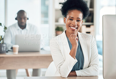 Buy stock photo Happy, success and portrait of a businesswoman in the office with a computer working on a project. Happiness, smile and African female corporate manager sitting at her desk with a pc in workplace.
