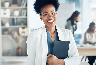 Buy stock photo Tablet, happy and portrait of businesswoman in the office with confidence while working on project. Leadership, smile and professional African female employee standing with mobile device in workplace
