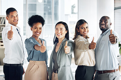 Buy stock photo Portrait, team or thumbs up of business people in agreement for success growth in office room. Diversity, motivation or happy workers together in group collaboration with yes, like or thank you signs
