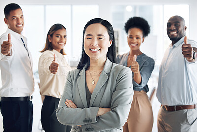 Buy stock photo Asian woman, leadership and arms crossed, team and thumbs up, lead and professional mindset with collaboration. Diversity, teamwork and agreement, corporate group in workplace and smile in portrait