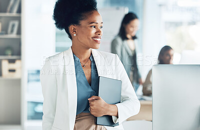 Buy stock photo Business, success and black woman thinking, tablet and motivation for ideas, creativity and advertising agency. African American female employee, consultant or leader with device, smile or management