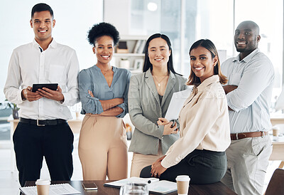 Buy stock photo Business people in portrait, team and diversity with smile, female leadership and professional mindset with success. Support, solidarity and community in workplace, corporate group and collaboration