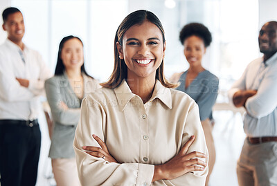 Buy stock photo Portrait, staff and woman arms crossed, leader and management with success, happiness and startup. Face, female manager and group with leadership, skills and confidence with smile, company and pride