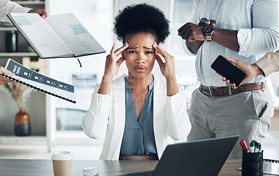Buy stock photo Stress, headache and portrait of a busy black woman with burnout, management anxiety and tired. Mental health, chaos and an African employee with people for work, migraine pain and overworked