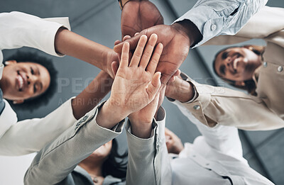 Buy stock photo Mission, low angle or hands of happy business people with goals, support or motivation for success or growth. Strategy, b2b meeting zoom or teamwork collaboration planning our vision or sales target 