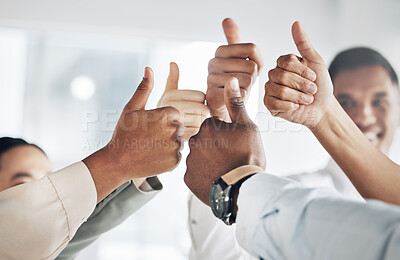 Buy stock photo Hands, thumbs up and diversity, team and business people, solidarity and agreement with unity in workplace. Corporate community, support and zoom with professional group, together and collaboration